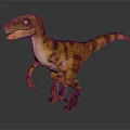 Realistic Velociraptor Dinosaur 3D Model Standing With Brown Yellow Stripes And Sharp Teeth