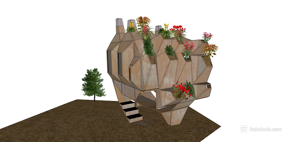 Eco Friendly Geometric Wooden Building With Various Flowers And Green Plants And Staircase 3d model 