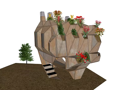 Eco Friendly Geometric Wooden Building With Various Flowers And Green Plants And Staircase 3d model