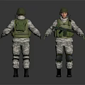 Two Soldiers in Camouflage Military Uniform With Green Helmets Vests and Rifle Front Back Views