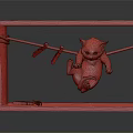 White Cat Doll Hanging On Clothesline With Wooden Frame And Clothespins