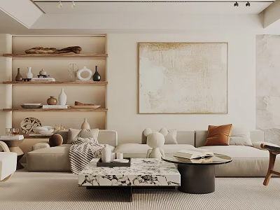 Modern Living Room Interior With Beige Sofa Orange Pillows Marble Coffee Table And Abstract Painting 3d model