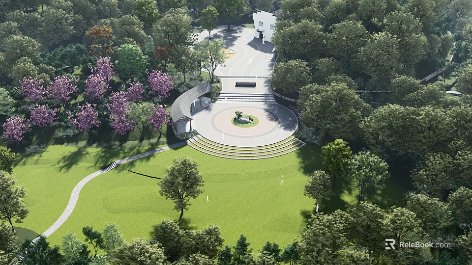Lush Public Park With Green Lawn Circular Square Trees And White Building Steps 3d model 