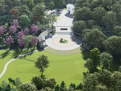 Lush Public Park With Green Lawn Circular Square Trees And White Building Steps 3d model