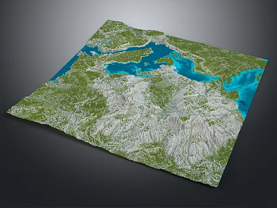 Detailed 3D Topographic Map Displaying Green Land Areas Blue Water Bodies Mountains And Lakes 3d model