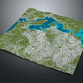 Detailed 3D Topographic Map Displaying Green Land Areas Blue Water Bodies Mountains And Lakes