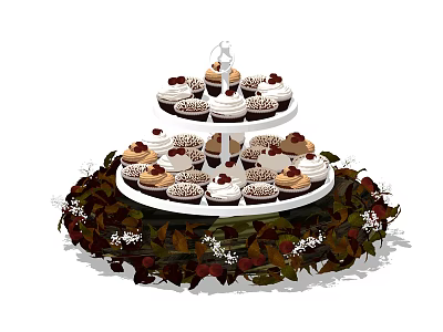 Three Tiered Cupcake Stand With Assorted Cupcakes And Red Green Leaf Decorations 3d model
