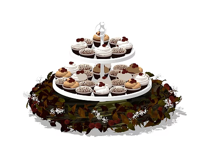 Three Tiered Cupcake Stand With Assorted Cupcakes And Red Green Leaf Decorations 3d model Three Tiered Cupcake Stand With Assorted Cupcakes And Red Green Leaf Decorations 3d model