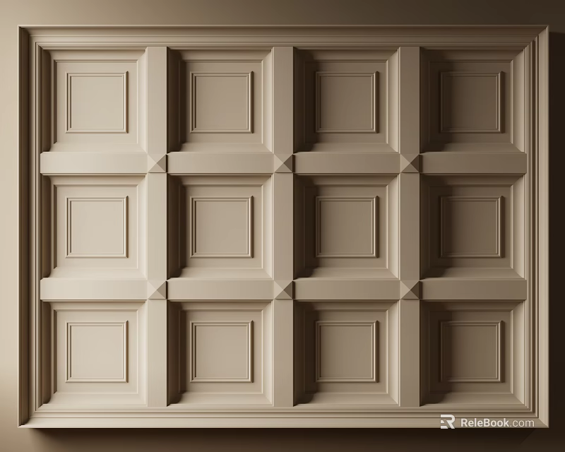 Elegant Beige Ceiling Design Featuring Grid Pattern Square Panels And Decorative Moldings 3d model 
