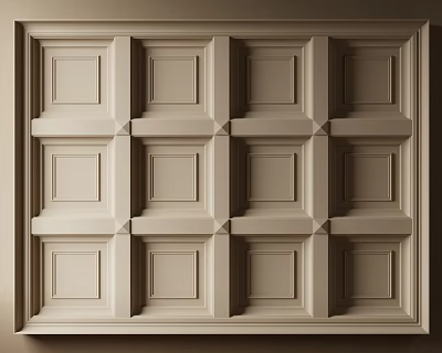 Elegant Beige Ceiling Design Featuring Grid Pattern Square Panels And Decorative Moldings 3d model