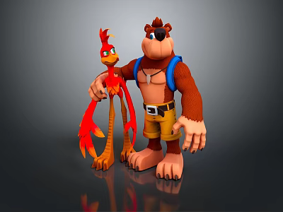 Brown Bear and Red Bird Game Movie Characters Standing with Blue Strap and Yellow Shorts 3d model