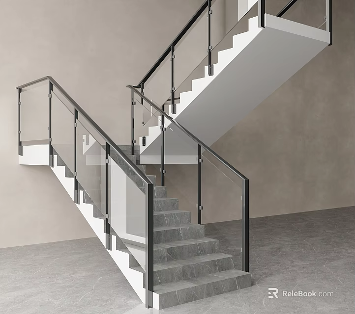 Modern Staircase With Glass Railing And Gray Steps In Minimalist Interior Design 3d model 