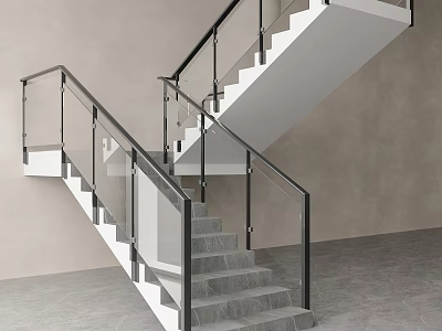 Modern Staircase With Glass Railing And Gray Steps In Minimalist Interior Design 3d model