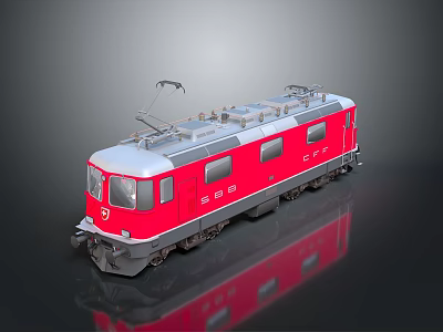 Red and White Train Model With SS Logo Pantograph On Shiny Black Surface Reflection 3d model