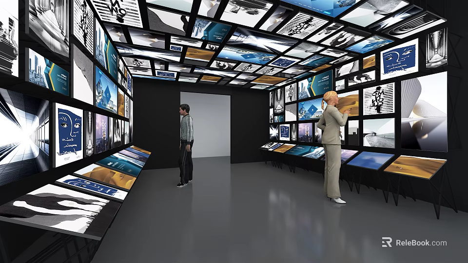 People Exploring Exhibition Hall With Screens And Display Panels On Walls And Ceiling 3d model 