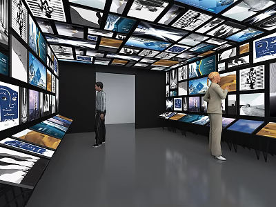 People Exploring Exhibition Hall With Screens And Display Panels On Walls And Ceiling 3d model