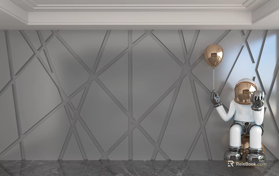 Gray Geometric Line Design Background Wall With Astronaut Doll And Golden Balloon On Marble Floor 3d model 