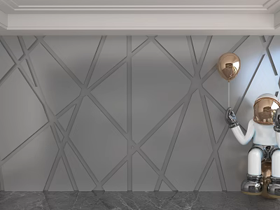 Gray Geometric Line Design Background Wall With Astronaut Doll And Golden Balloon On Marble Floor 3d model