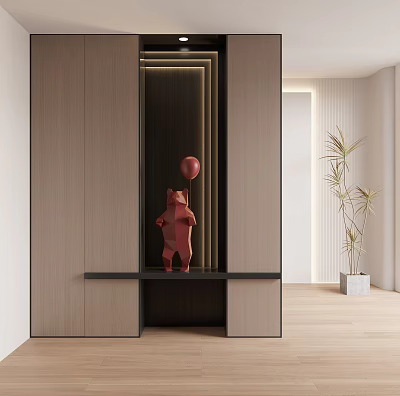 Modern Entryway Design With Wooden Cabinet Red Decorative Bear And Potted Plant 3d model