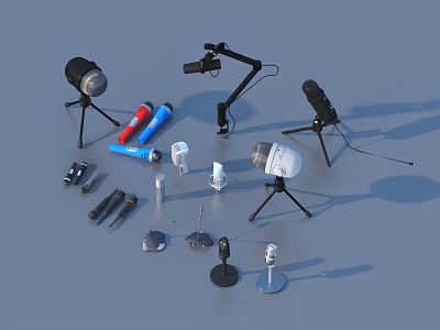 Various Electronic Daily Life Essentials Including Microphones with Stands Lamps Chargers And Headphones 3d model