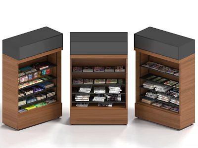 Three Wooden Bookcases With Black Tops And Multiple Shelves Filled With Books And CDs 3d model