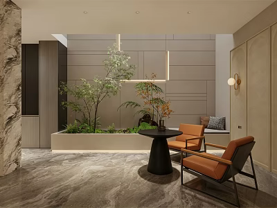 Modern Entryway Design With Green Plants Leisure Chairs And Decorative Lights 3d model