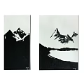 Black and White Landscape Paintings Featuring Snowy Mountains and Calm Lake