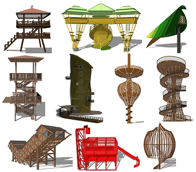 Diverse Modern Tower Structures Featuring Spiral Wooden Metal And Creative Architectural Designs 3d model