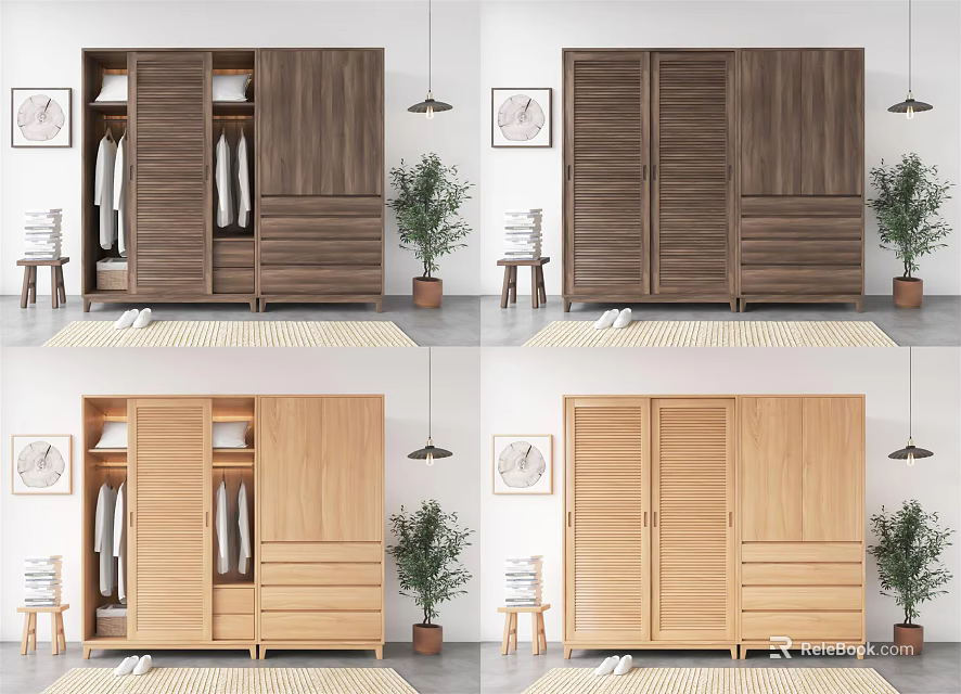 Modern Wooden Wardrobe with Sliding Doors in Interior Space with Stools and Potted Plants 3d model 