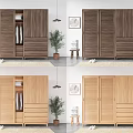 Modern Wooden Wardrobe with Sliding Doors in Interior Space with Stools and Potted Plants