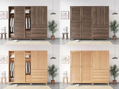 Modern Wooden Wardrobe with Sliding Doors in Interior Space with Stools and Potted Plants 3d model