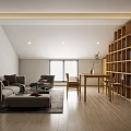 Modern Living Room Interior With Grey Sofa Wooden Bookshelf Dining Table And Natural Light