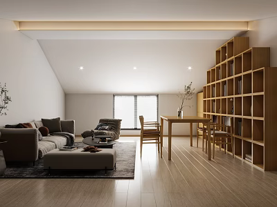 Modern Living Room Interior With Grey Sofa Wooden Bookshelf Dining Table And Natural Light 3d model