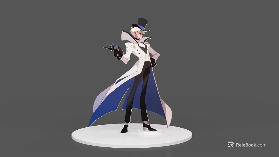 Game Movie Character With Top Hat White Coat Blue Purple Cape Black Pants And Shoes 3d model 