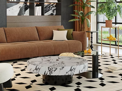 Stylish Brown Sofa and Marble Coffee Table Set with Cushions and Geometric Rug 3d model