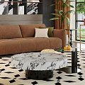 Stylish Brown Sofa and Marble Coffee Table Set with Cushions and Geometric Rug