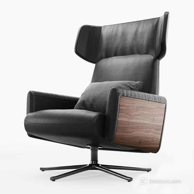 Black Leather High Back Office Chair With Wooden Armrests Gray Cushion And Five Star Base 3d model 