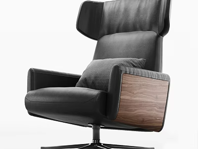 Black Leather High Back Office Chair With Wooden Armrests Gray Cushion And Five Star Base 3d model
