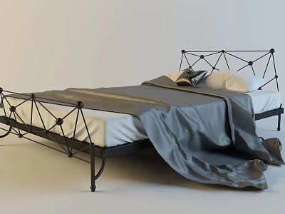 Double Bed with Black Metal Frame Geometric Design Gray Blanket and White Pillows in Modern Bedroom 3d model