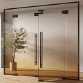 Modern Frosted Glass Door With Black Handles And Potted Plant On Wooden Floor
