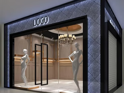 Modern Mall Retail Storefront With Glass Doors Diamond Patterned Walls Mannequins Chandelier And Wooden Interior 3d model