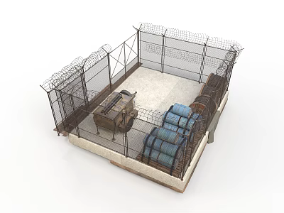 Enclosed Fenced Storage Area With Metal Barrels Cart And Concrete Floor Design 3d model