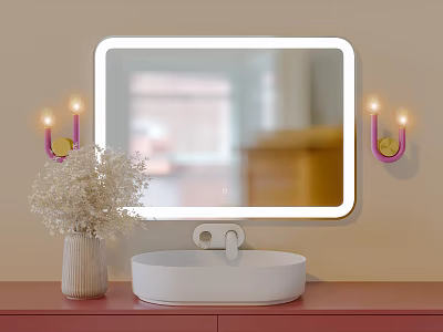 Modern Bathroom Mirror With Pink Wall Lamps White Basin And Vase With White Flowers On Red Countertop 3d model