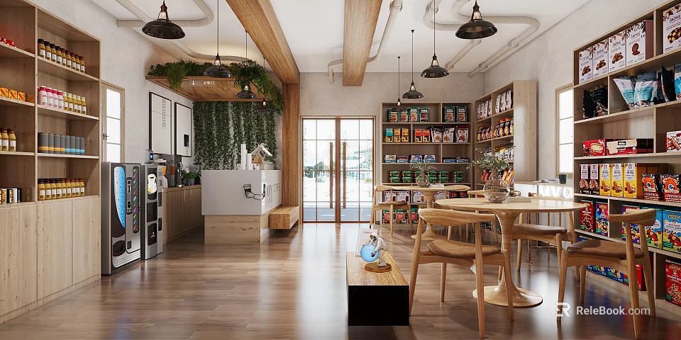 Cozy Café Interior With Wooden Beams Green Plant Wall Hanging Lamps Shelves And Dining Tables 3d model 