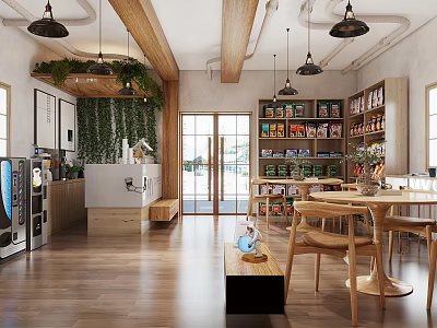 Cozy Café Interior With Wooden Beams Green Plant Wall Hanging Lamps Shelves And Dining Tables 3d model