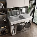 Home Balcony Laundry Area With Gray Countertop Washing Machine Dryer Sink Faucet And Plants