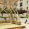 Modern Wooden Pergola With Crossed Frame Structure And Bench Seats In Outdoor Garden