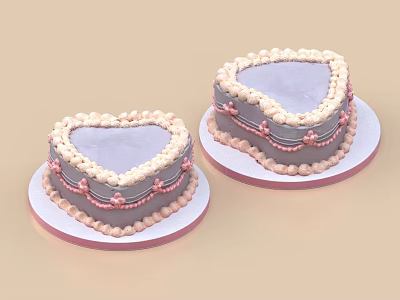 Two Heart Shaped Cakes With Pink And Beige Cream Decorations On White Plates 3d model