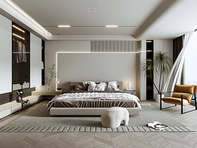 Modern Bedroom Interior Design With Comfortable Bed Nightstand Area Rug Accent Chair And Potted Plant 3d model