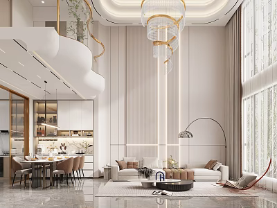 Modern Duplex Living Room Interior With High Ceiling Chandelier Comfortable Sofa And Green Plants 3d model